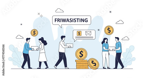 Cartoon illustration of financial transactions and the term 'FRIWASISTING' in business