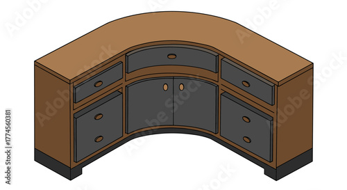 Sleek isometric corner desk with storage and drawers in brown and gray design