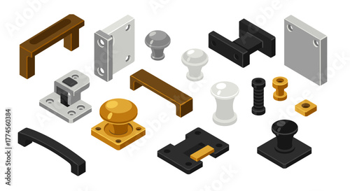 Isometric hardware collection featuring modern door handles and knobs