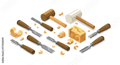 Isometric woodworking tools with chisels and mallets on white background
