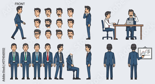 Detailed character design pack of a young professional man for animation purposes