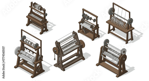 Isometric wooden looms collection in rustic design for textile craft enthusiasts