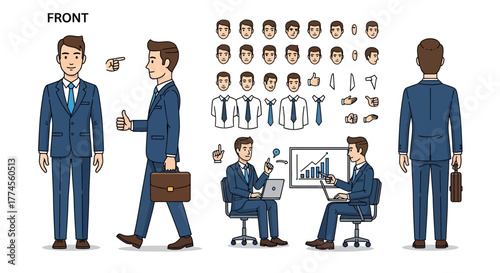 Professional businessman character kit: customizable elements for presentation and design
