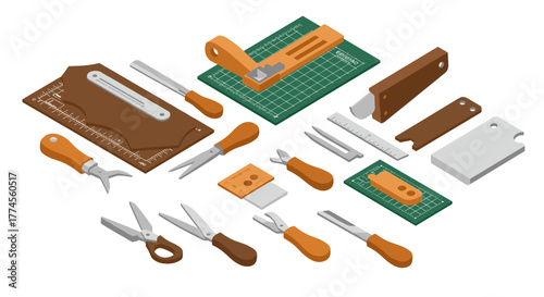 Essential crafting tools set with cutting mats and blades in isometric design
