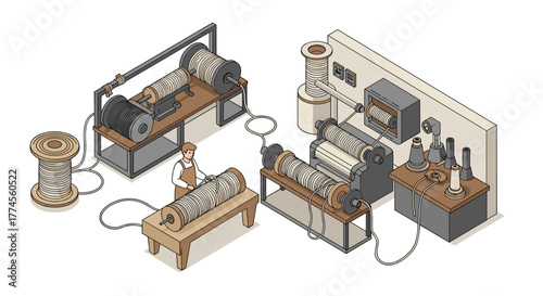 Industrial wire cutting and spooling machines in isometric factory setting
