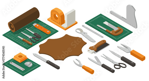 Isometric leather craft tools with cutting mats and accessories in workshop setup