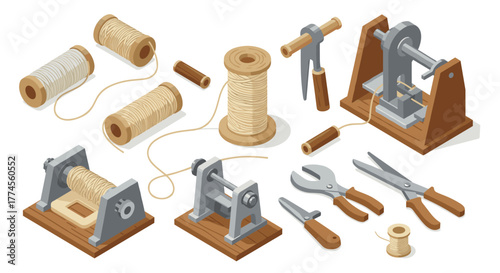 Isometric workshop tools with twine rolls: rope making equipment and craft supplies