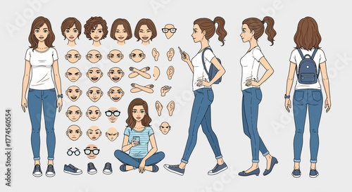 Cartoon Woman Character Creator: Customizable Design with Various Poses and Facial Features