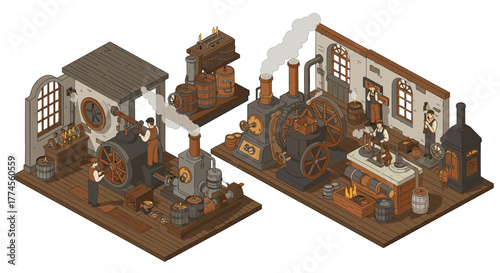 Isometric vintage industrial workshop with steampunk machines and workers