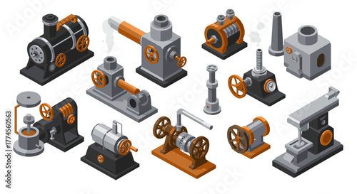 Isometric collection of industrial machines and steam engines in gray and orange