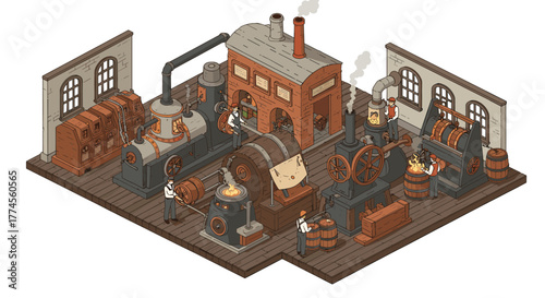 Isometric brewery scene with vintage brewing equipment and workers in action