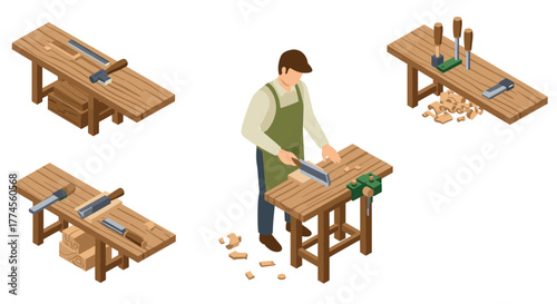 Carpenter working with tools on wooden workbench in isometric style