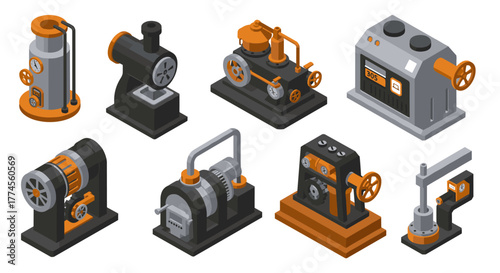 Vintage industrial machines in isometric style with retro mechanical equipment