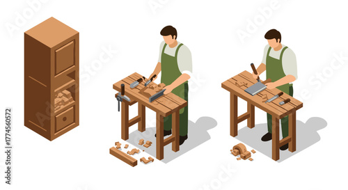 Isometric woodworking scenes with carpenter at work in workshop