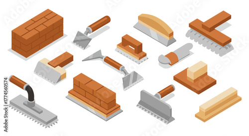 Isometric construction tools and bricks set for masonry projects