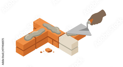 Isometric handbuilding: brick construction with trowel and mortar