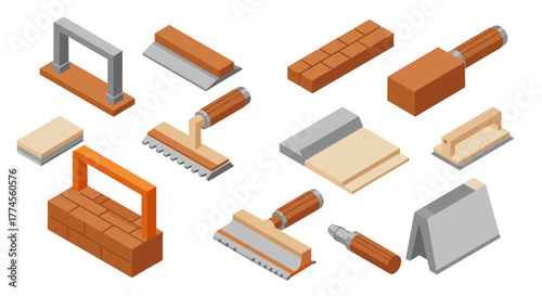 Isometric masonry tools collection for construction and building projects