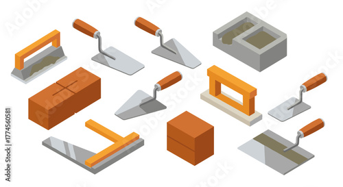 Isometric construction tools and materials for bricklaying projects