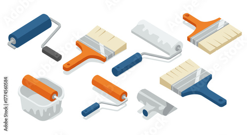 Isometric paint tools collection: rollers, brushes, and trays for diy projects