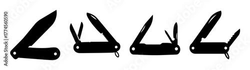 Four black pocket knives open showing blades and handles on white