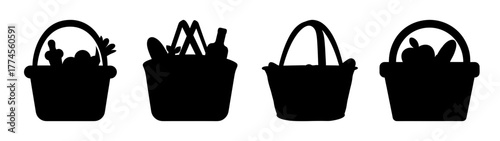 Four silhouette picnic baskets filled with food and produce items