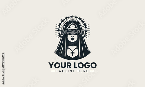 Striking black vector illustration of a blindfolded nun with a barbed wire halo creating a powerful religious spiritual devotion symbol