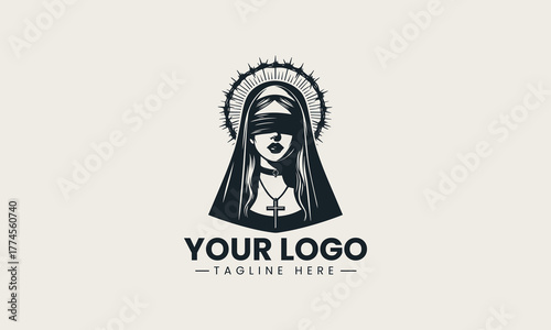 Striking black vector illustration of a blindfolded nun with a barbed wire halo creating a powerful religious spiritual devotion symbol