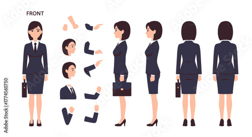 Businesswoman character creation kit: diverse views and customizable poses illustration