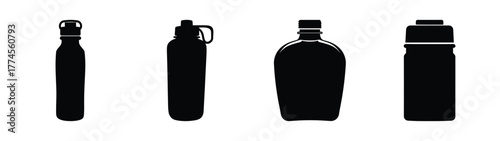Four distinct black silhouette water bottles and containers shown side by side on a plain background