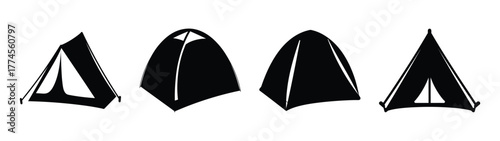 Four different camping tents shown in sketchy black and white style
