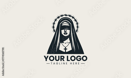 Striking black vector illustration of a blindfolded nun with a barbed wire halo creating a powerful religious spiritual devotion symbol