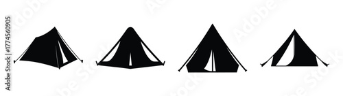 Collection of four different black camping tent silhouettes outdoor recreation symbols