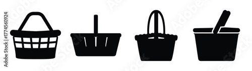 Collection of four black silhouette picnic baskets showing diverse designs and handles
