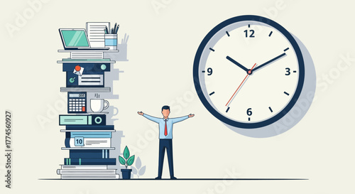 Time Management and Workload Concept – Businessman Between Wall Clock and Cluttered Office Stack