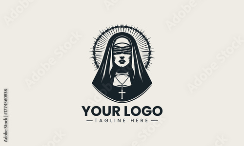 Striking black vector illustration of a blindfolded nun with a barbed wire halo creating a powerful religious spiritual devotion symbol