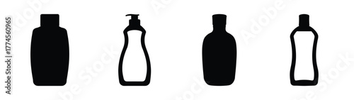 Four different bottle silhouettes representing personal care products and liquids