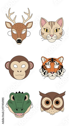 Collection of Animal Masks for Childrens Play and Costumes.