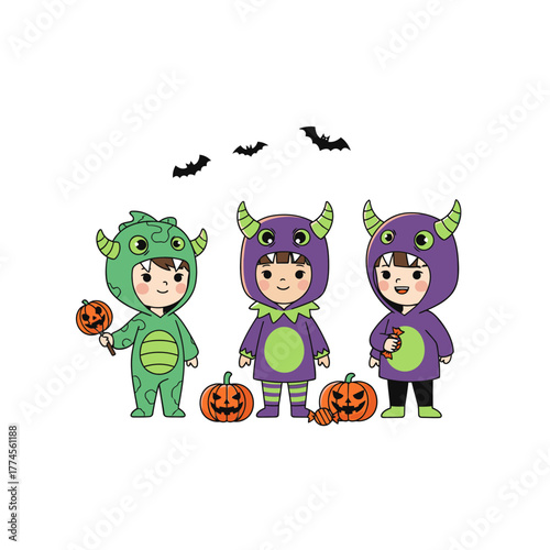 Children Dressed in Halloween Costumes with Pumpkins and Bats.