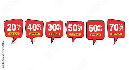 Red Sale Discount Tags: 20%, 30%, 40%, 50%, 60%, 70% Off - Buy Now