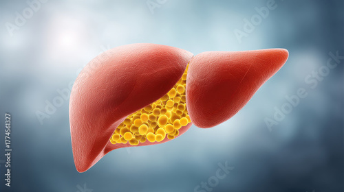 illustration of a human liver anatomy with detailed structure and textures, showing fatty liver disease concept