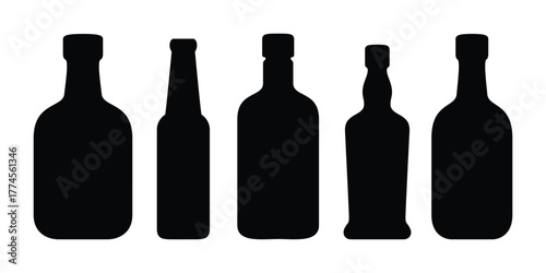 Bottle Silhouette Set. Different Shapes of Glass Bottles Vector