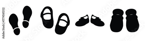 Collection of various baby shoes and footprints representing growth and first steps