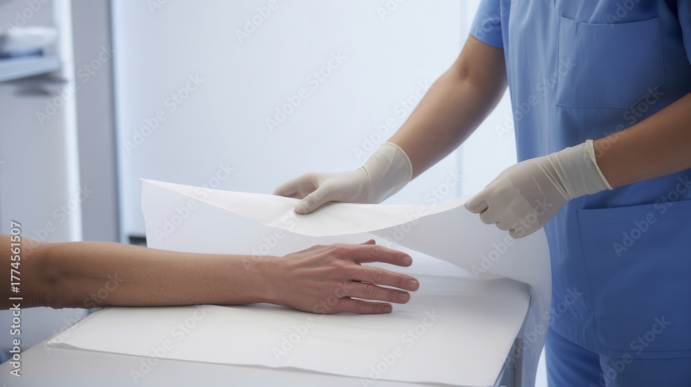 Obraz premium Healthcare professional's gloved hands preparing patient's arm for medical procedure examination