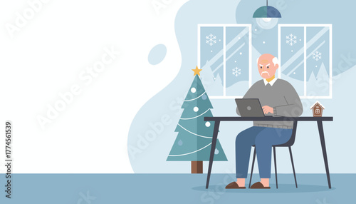 Elderly man using laptop for remote work during winter holidays at home Flat vector illustration