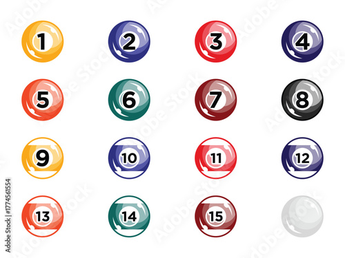 Billiard Balls Vector Set. Pool Game Colorful Icons. 8 Ball and Numbered Billiard Vector