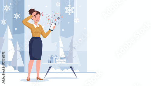 Stressed woman overwhelmed by smartphone notifications and holiday demands Digital fatigue concept