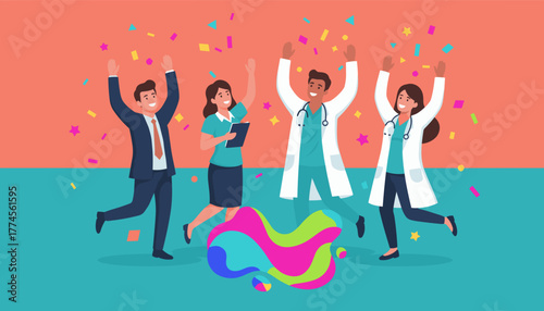 Diverse professional team celebrating success and achievement with confetti Doctors and business people