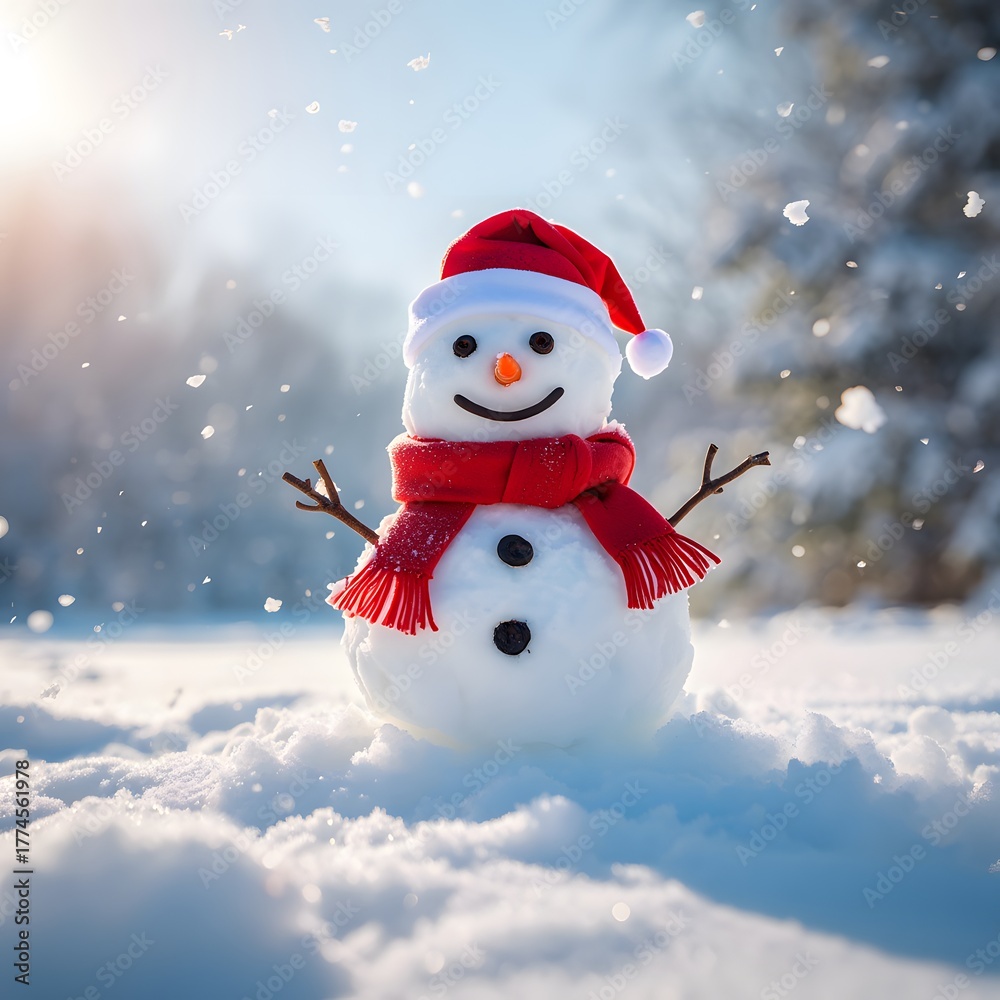 Fototapeta premium Cute 3D Snowman with Red Scarf