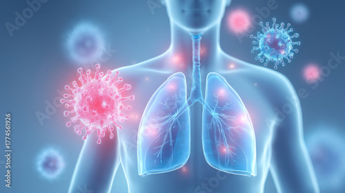 A visual representation of the human respiratory system and its interaction with viruses and pathogens.