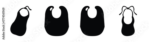 Four black baby bibs featuring different styles and orientations for visual comparison
